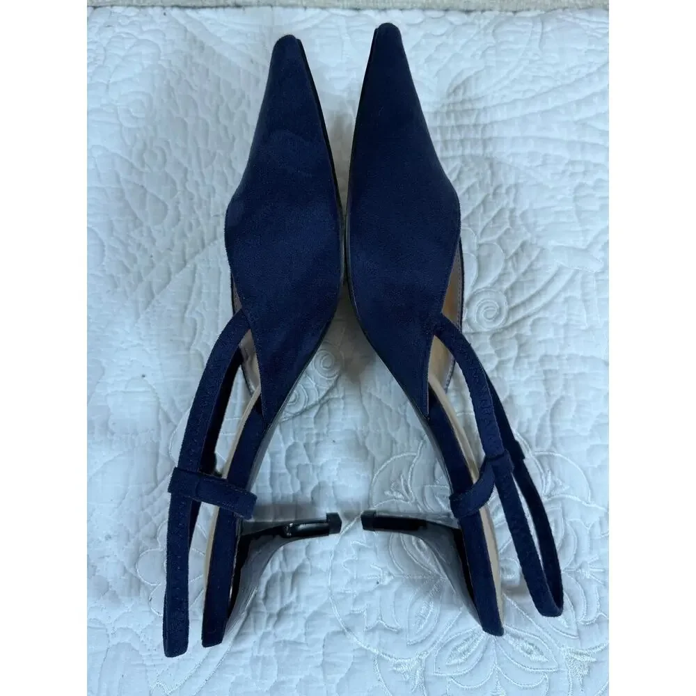 POL Women Blue 8.5 Suede Kitten Heel Slip On Dress Shoes Classic Comfort Pumps